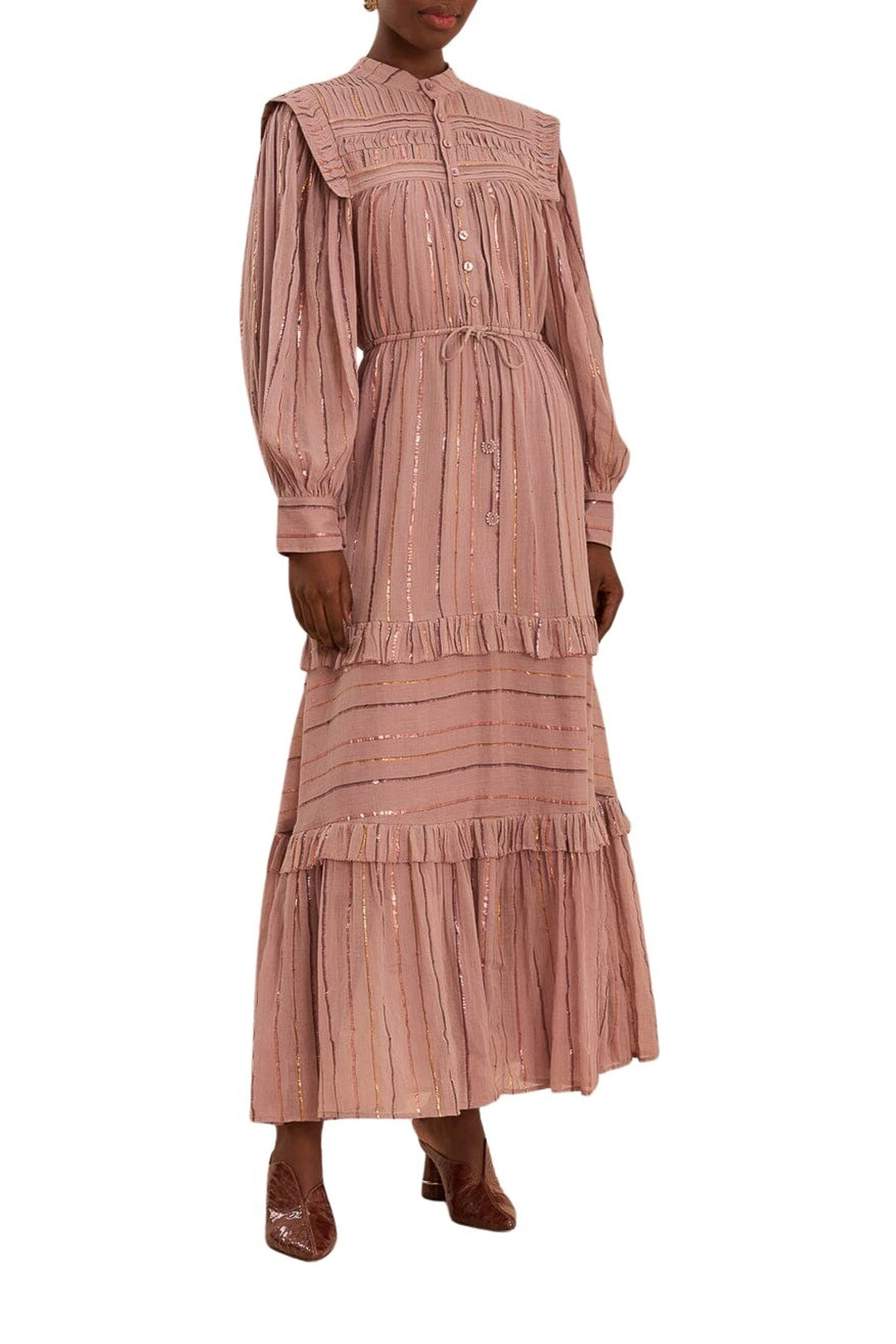 Robe longue à volants et empiècement plissé en coton - Rose