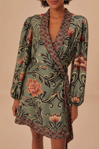 Robe courte à manches longues et motif floral arabesque - Vert