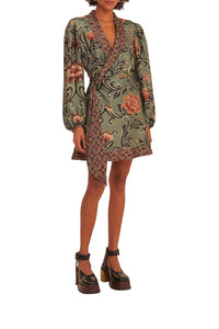 Robe courte à manches longues et motif floral arabesque - Vert