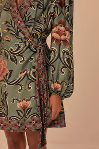 Robe courte à manches longues et motif floral arabesque - Vert