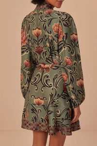 Robe courte à manches longues et motif floral arabesque - Vert