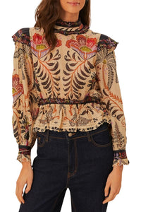 Blouse à manches longues et volants brodés en coton - Beige