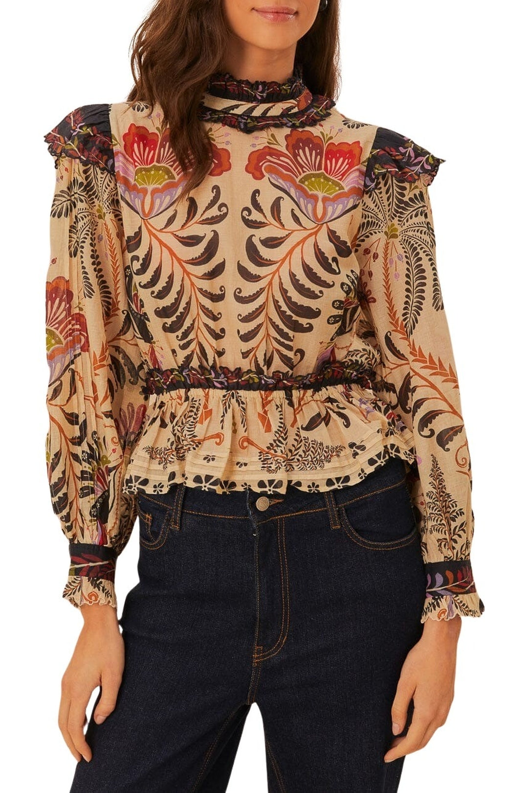 Blouse à manches longues et volants brodés en coton - Beige