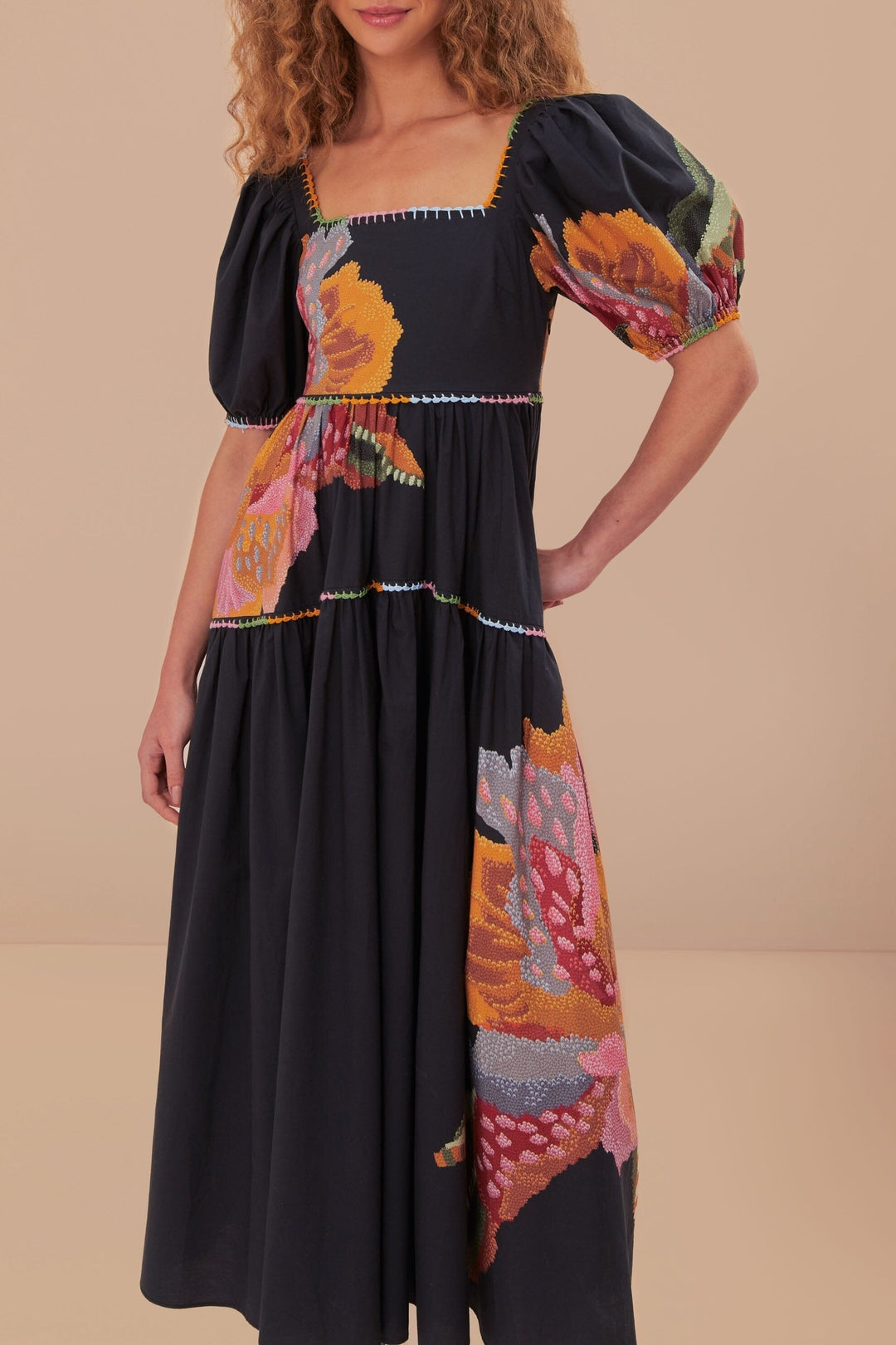Robe longue Lucy Floral à manches bouffantes en coton - Noir