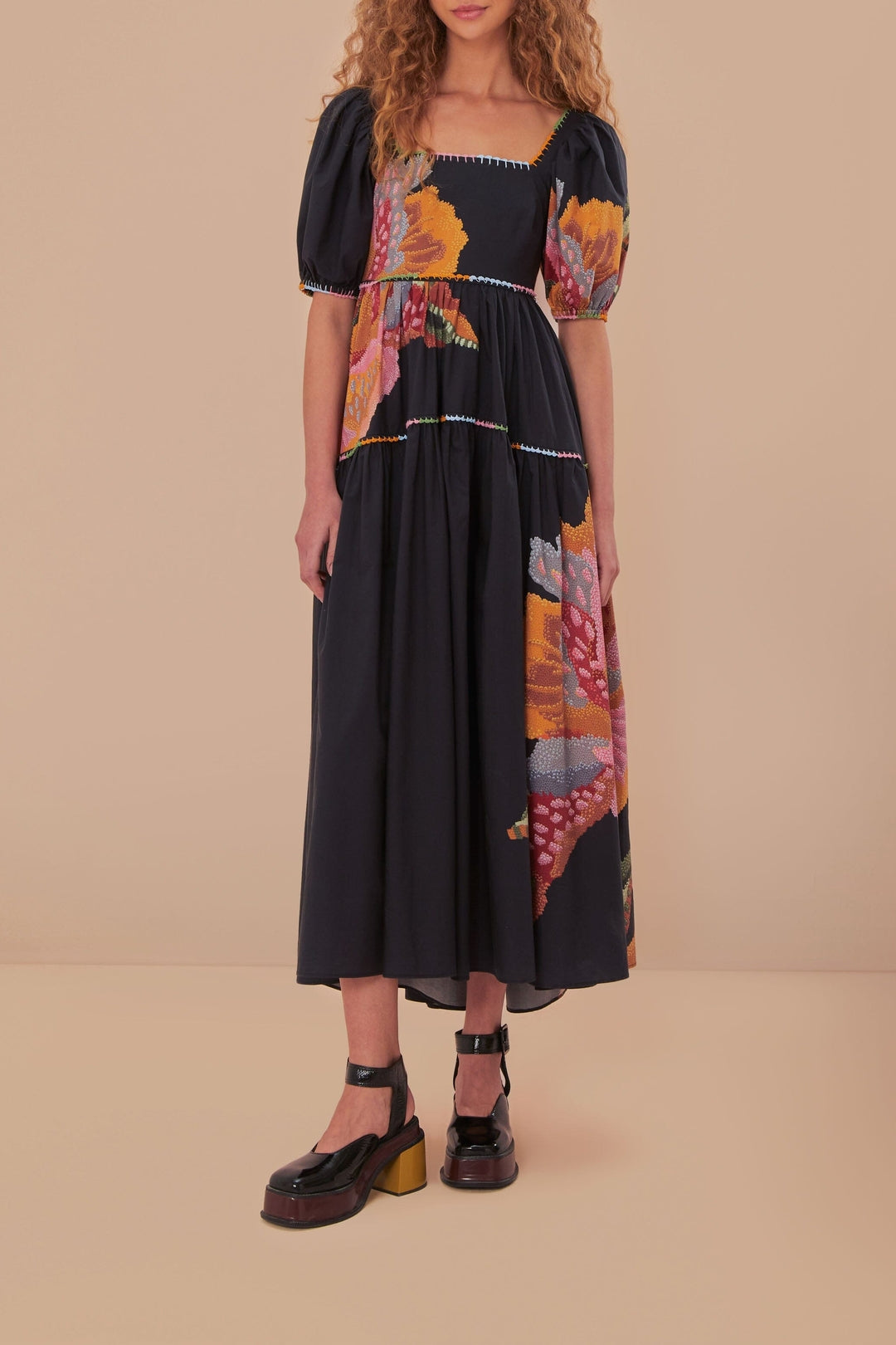 Robe longue Lucy Floral à manches bouffantes en coton - Noir