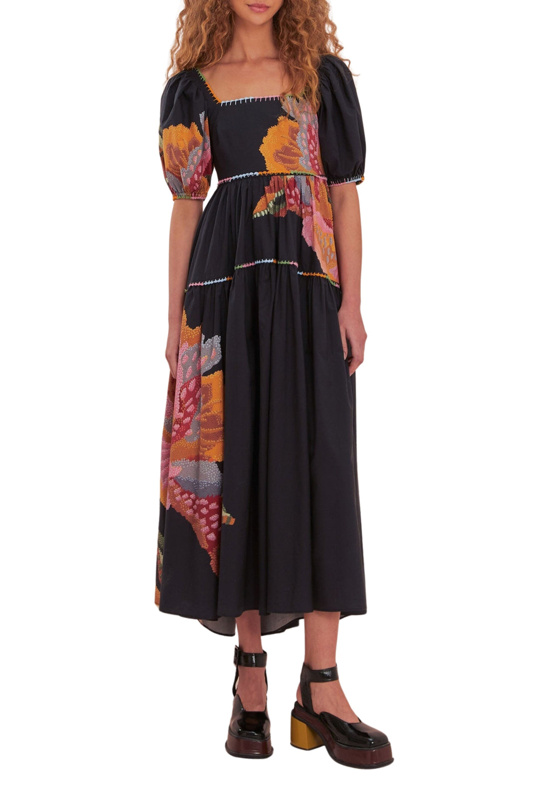 Robe longue Lucy Floral à manches bouffantes en coton - Noir