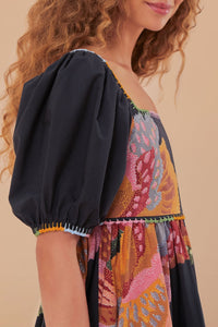 Robe longue Lucy Floral à manches bouffantes en coton - Noir
