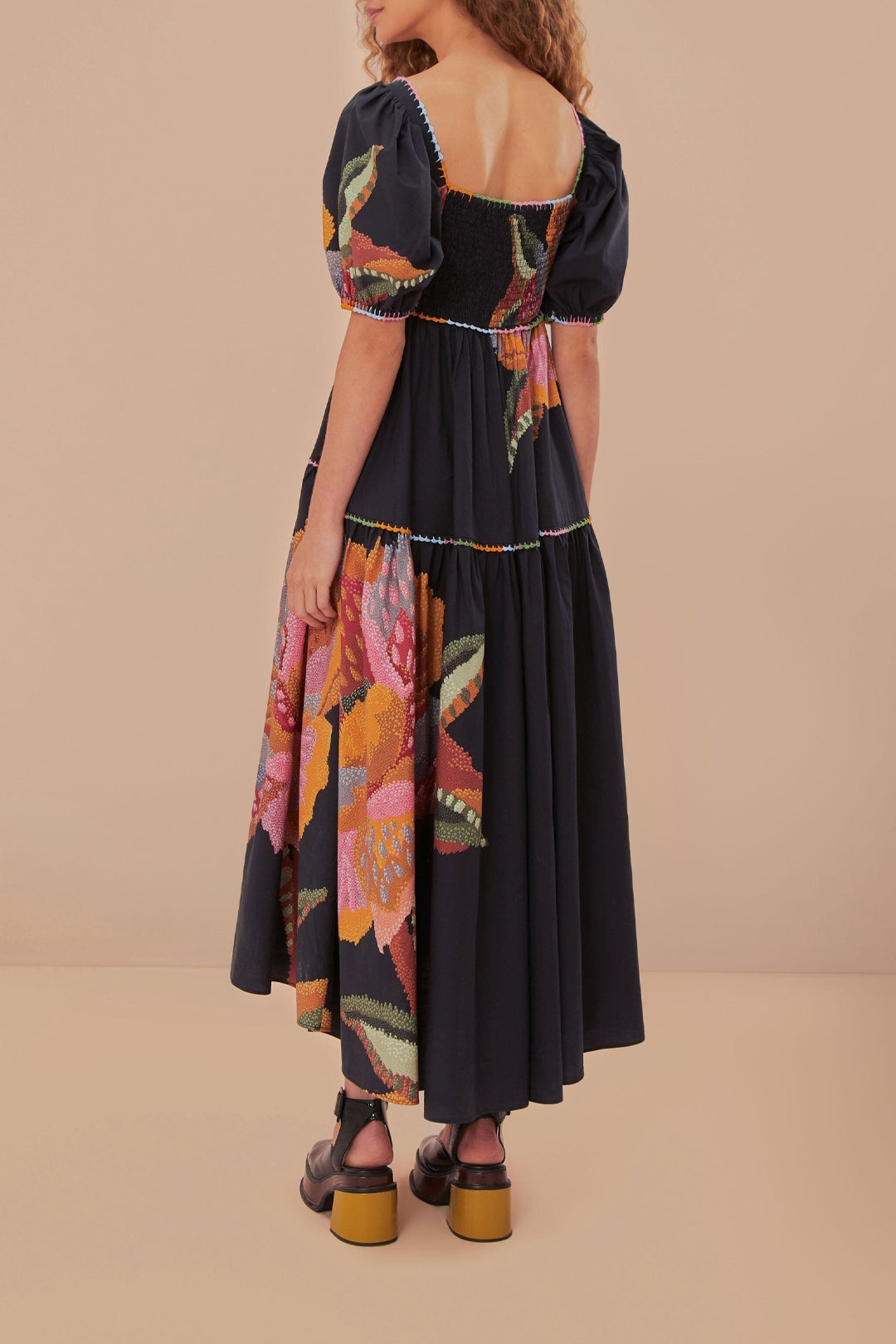 Robe longue Lucy Floral à manches bouffantes en coton - Noir