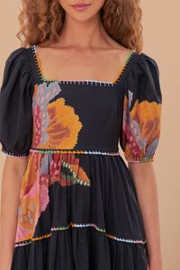 Robe longue Lucy Floral à manches bouffantes en coton - Noir