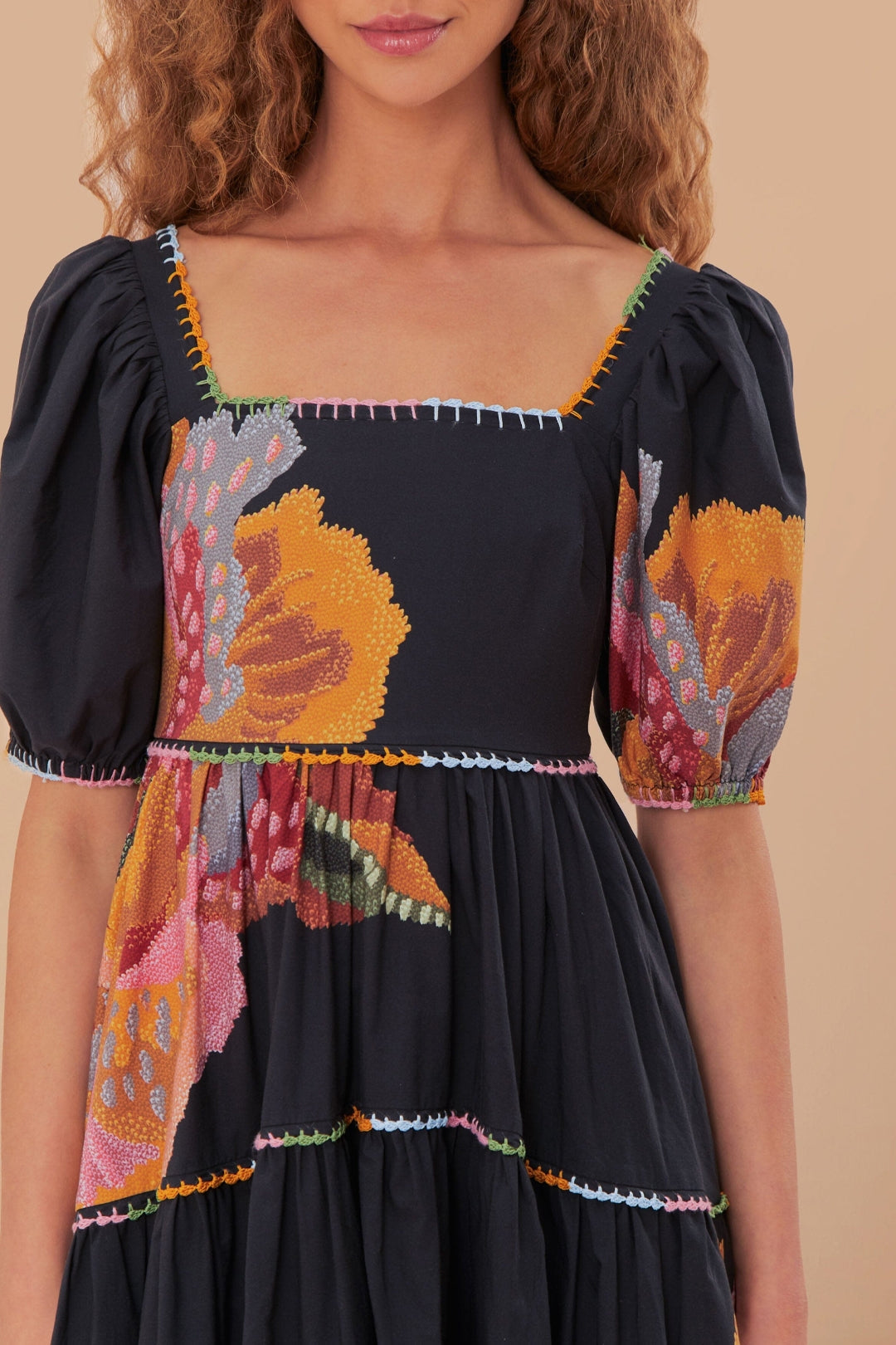 Robe longue Lucy Floral à manches bouffantes en coton - Noir