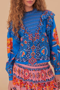 Blouse Lucy Floral à manches longues en coton - Bleu