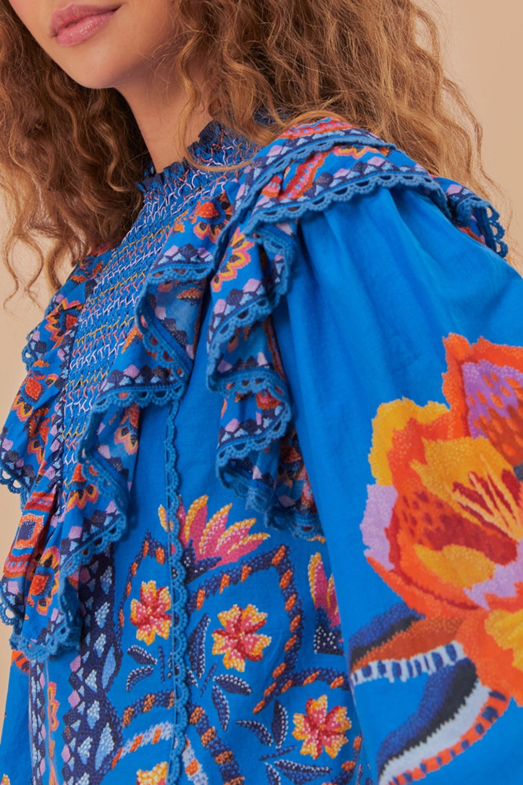 Blouse Lucy Floral à manches longues en coton - Bleu