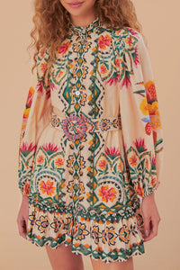 Robe courte Lucy floral à manches longues en coton - Beige