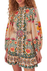 Robe courte Lucy floral à manches longues en coton - Beige