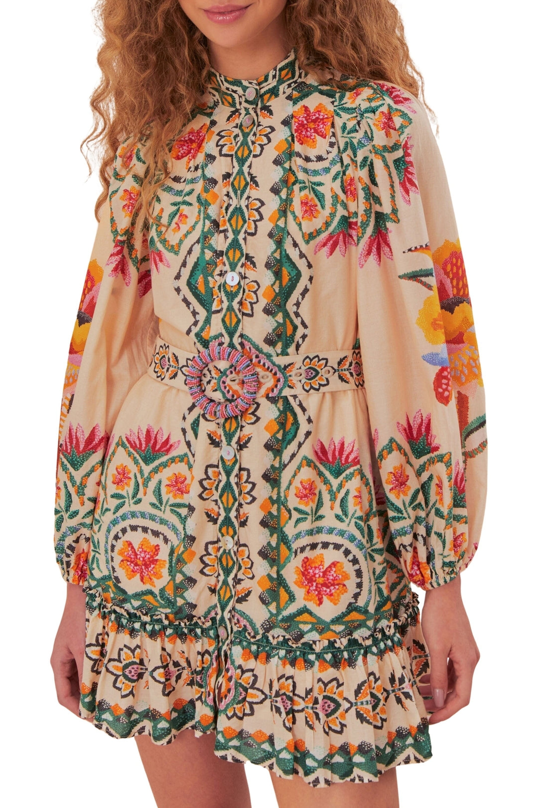 Robe courte Lucy floral à manches longues en coton - Beige