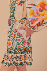 Robe courte Lucy floral à manches longues en coton - Beige