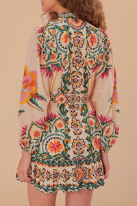 Robe courte Lucy floral à manches longues en coton - Beige