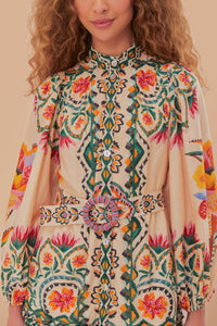 Robe courte Lucy floral à manches longues en coton - Beige