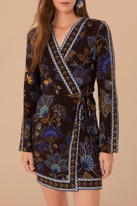 Robe courte portefeuille brodée Garden Brown - Marron