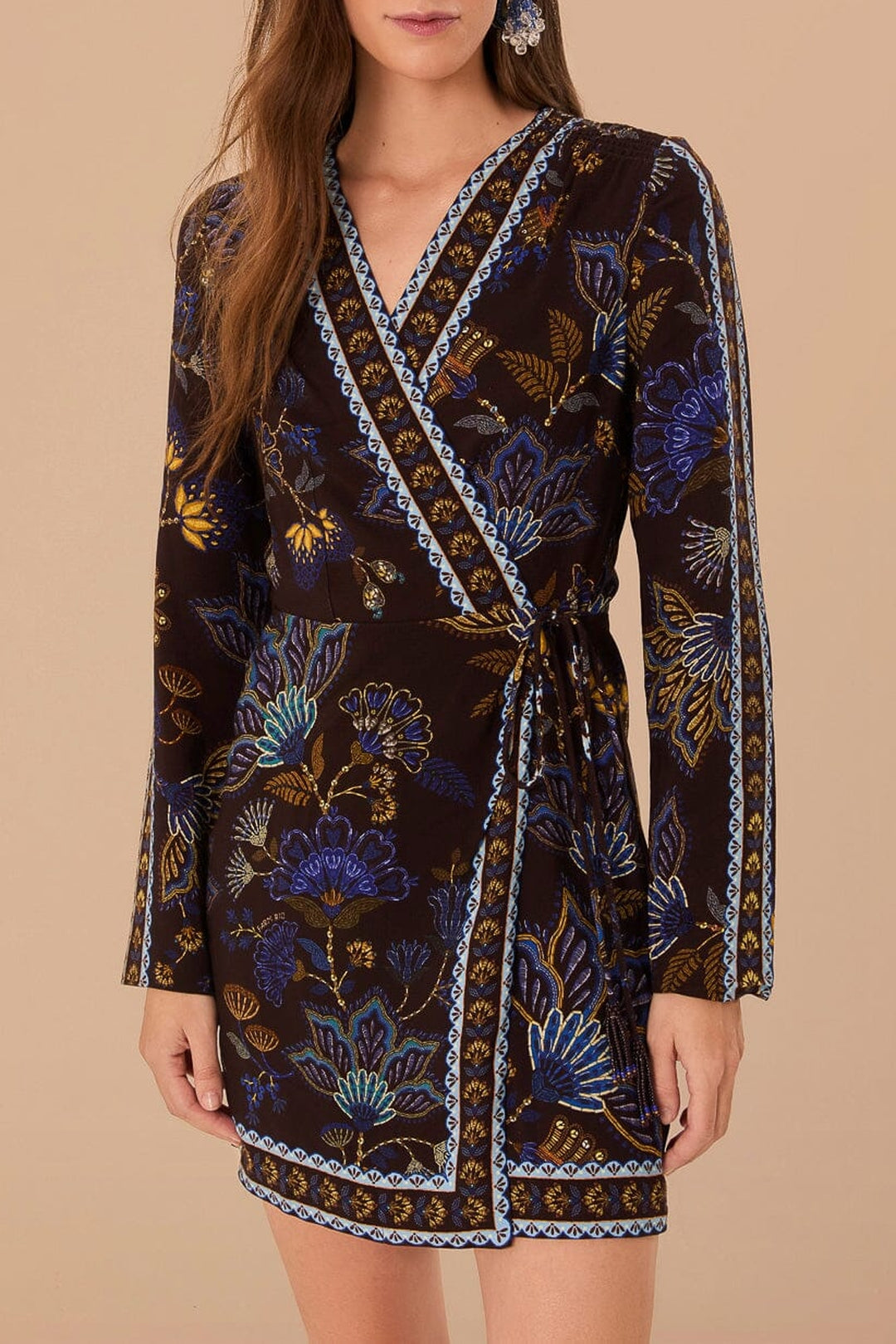 Robe courte portefeuille brodée Garden Brown - Marron