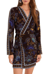 Robe courte portefeuille brodée Garden Brown - Marron