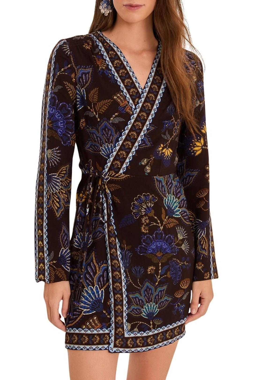 Robe courte portefeuille brodée Garden Brown - Marron