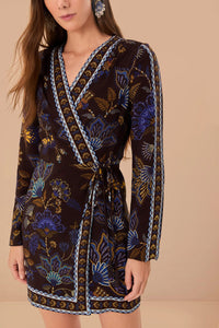 Robe courte portefeuille brodée Garden Brown - Marron