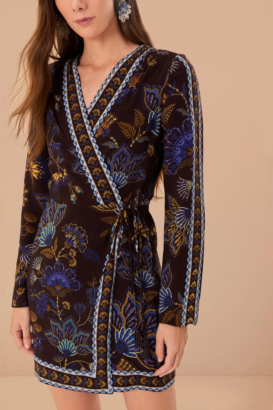 Robe courte portefeuille brodée Garden Brown - Marron