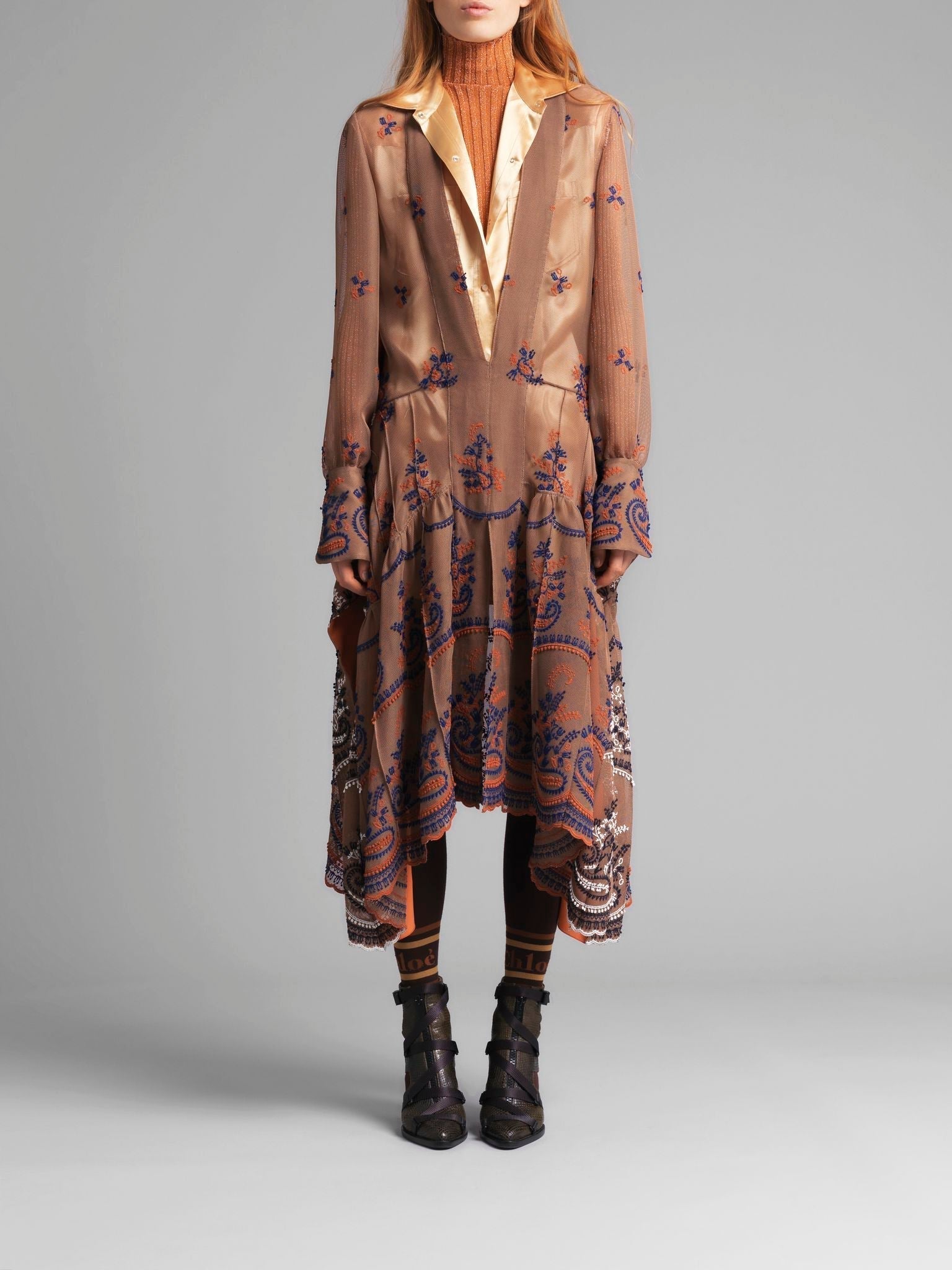 Robe chemise en résille brodée - Brown & Blue