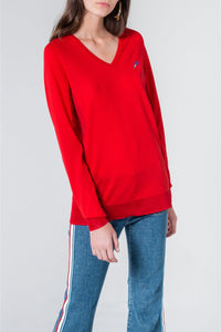 Pull col v à manches longues en laine - Rouge