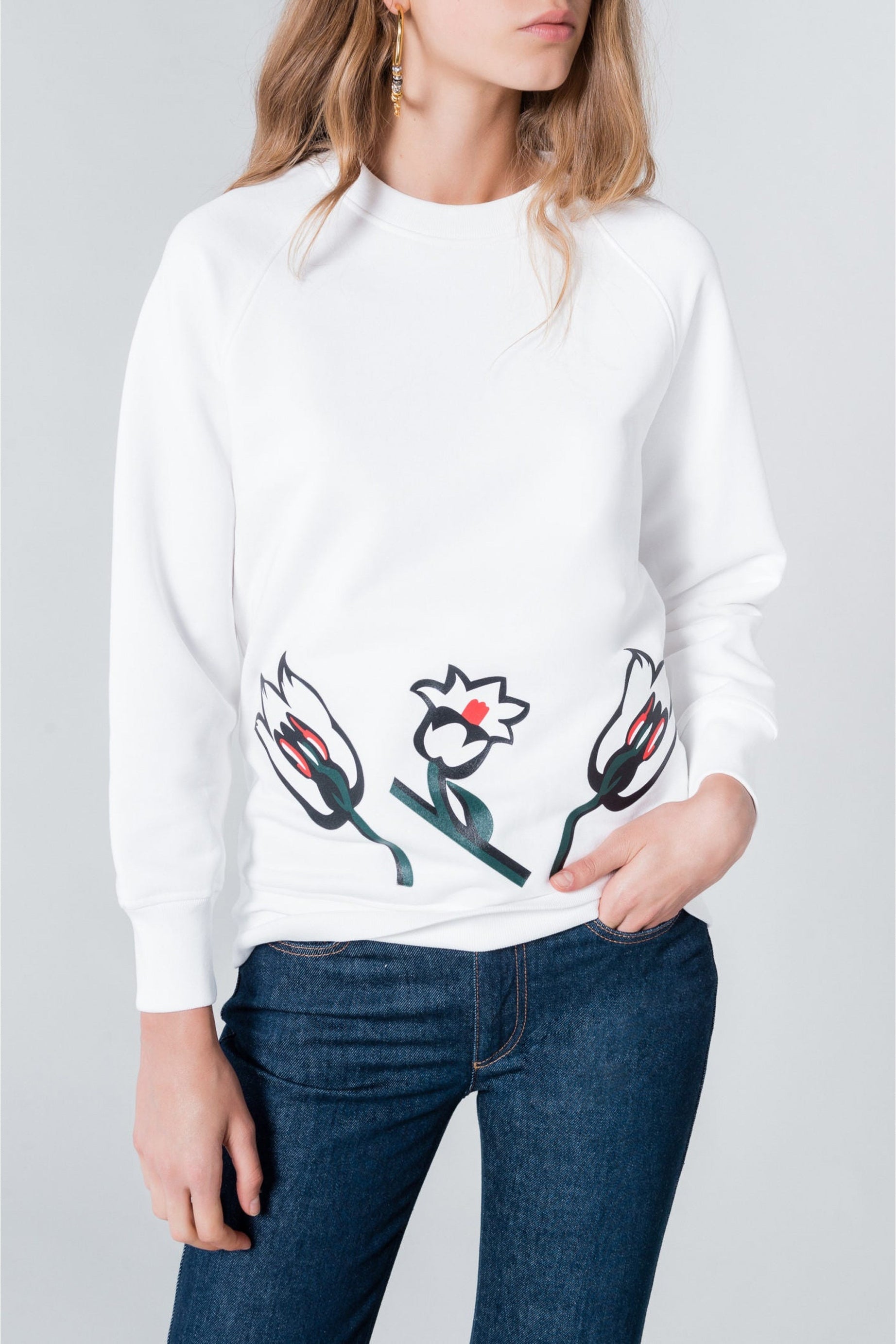 Sweat-shirt col rond à fleurs - Blanc
