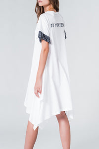 Robe t-shirt asymétrique à franges - Blanc