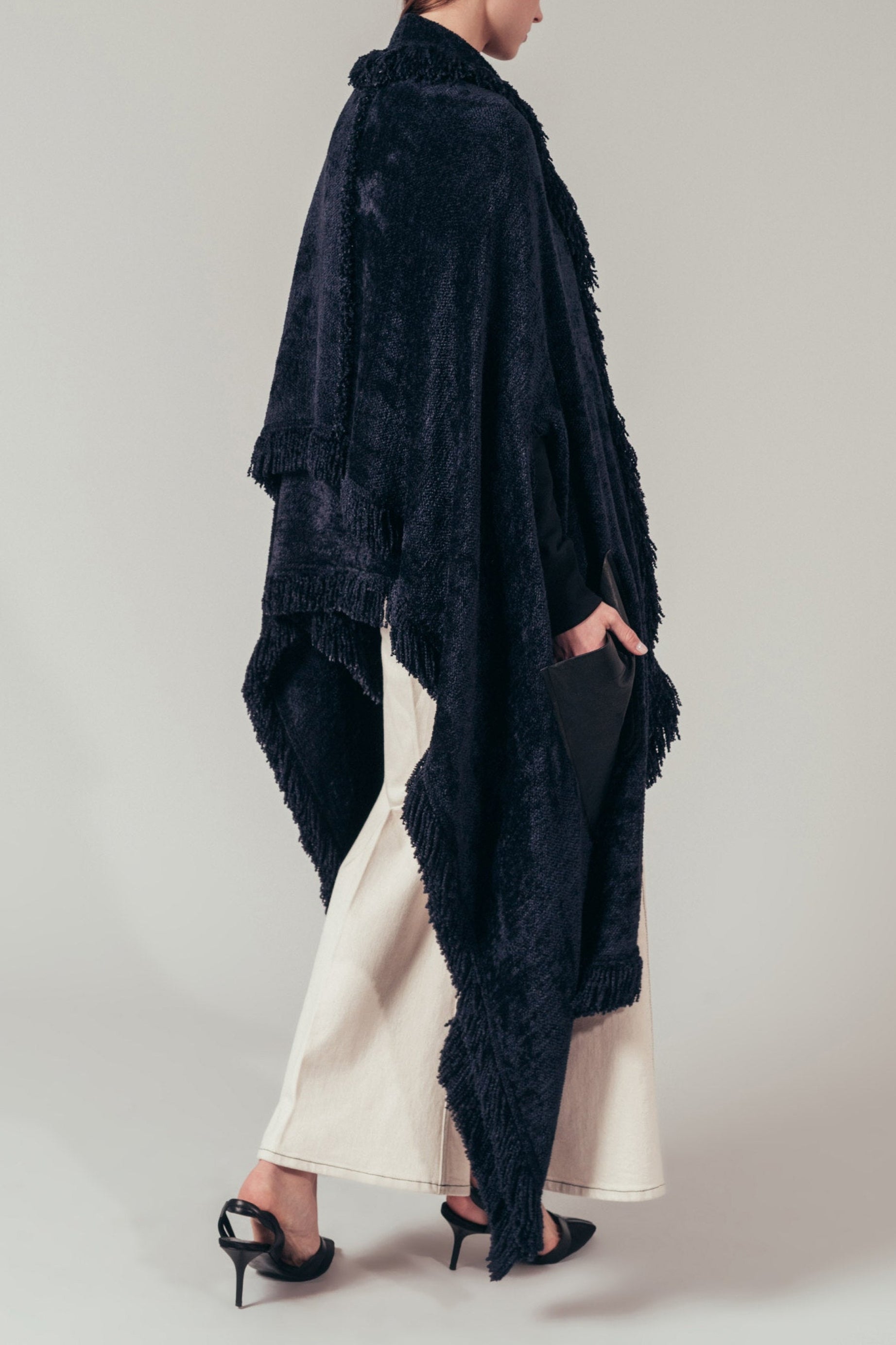 Manteau cape à franges - Navy