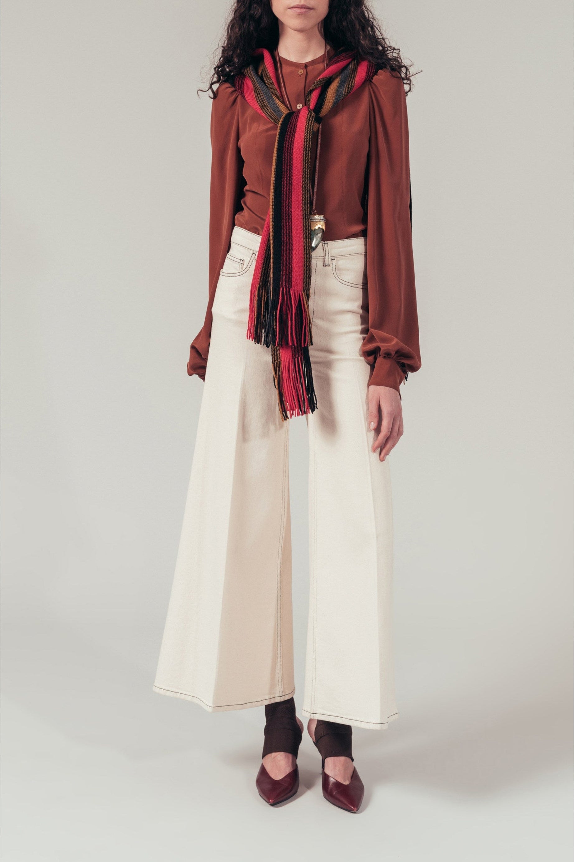 Blouse à manches longues bouffantes en soie - Marron