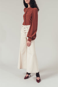 Blouse à manches longues bouffantes en soie - Marron