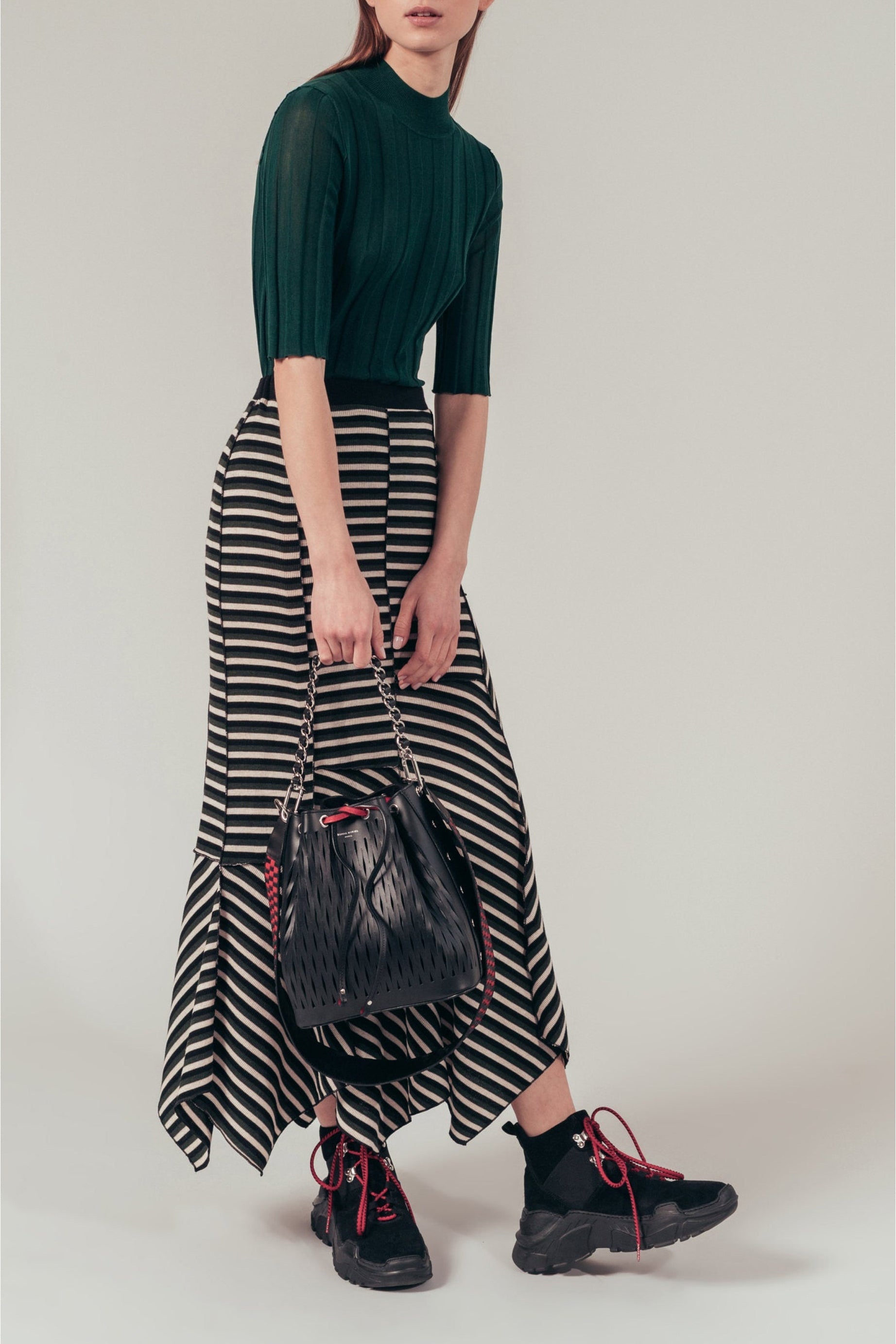 Jupe longue rayée à ourlet style féerique en laine - Vert