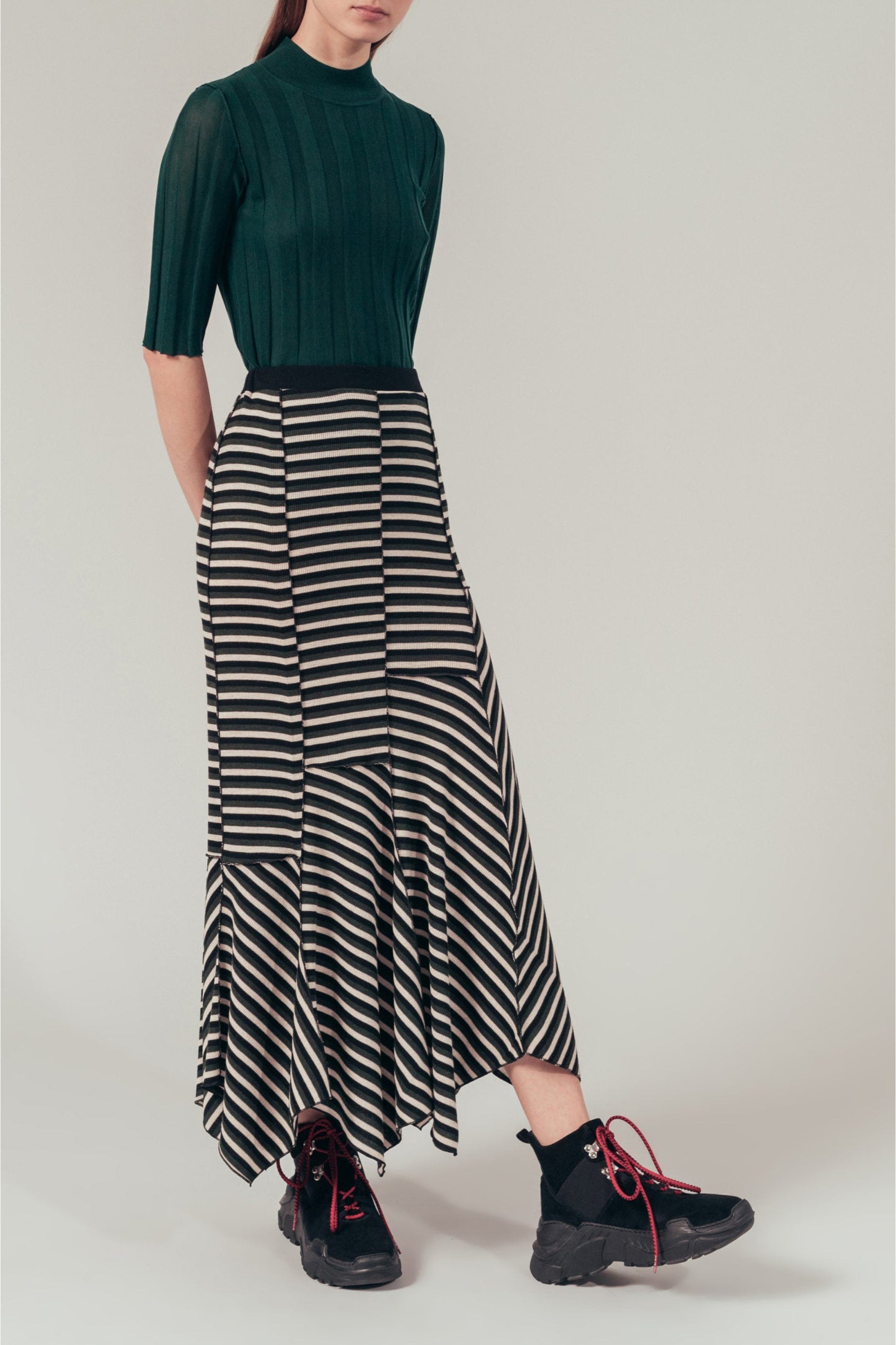 Jupe longue rayée à ourlet style féerique en laine - Vert