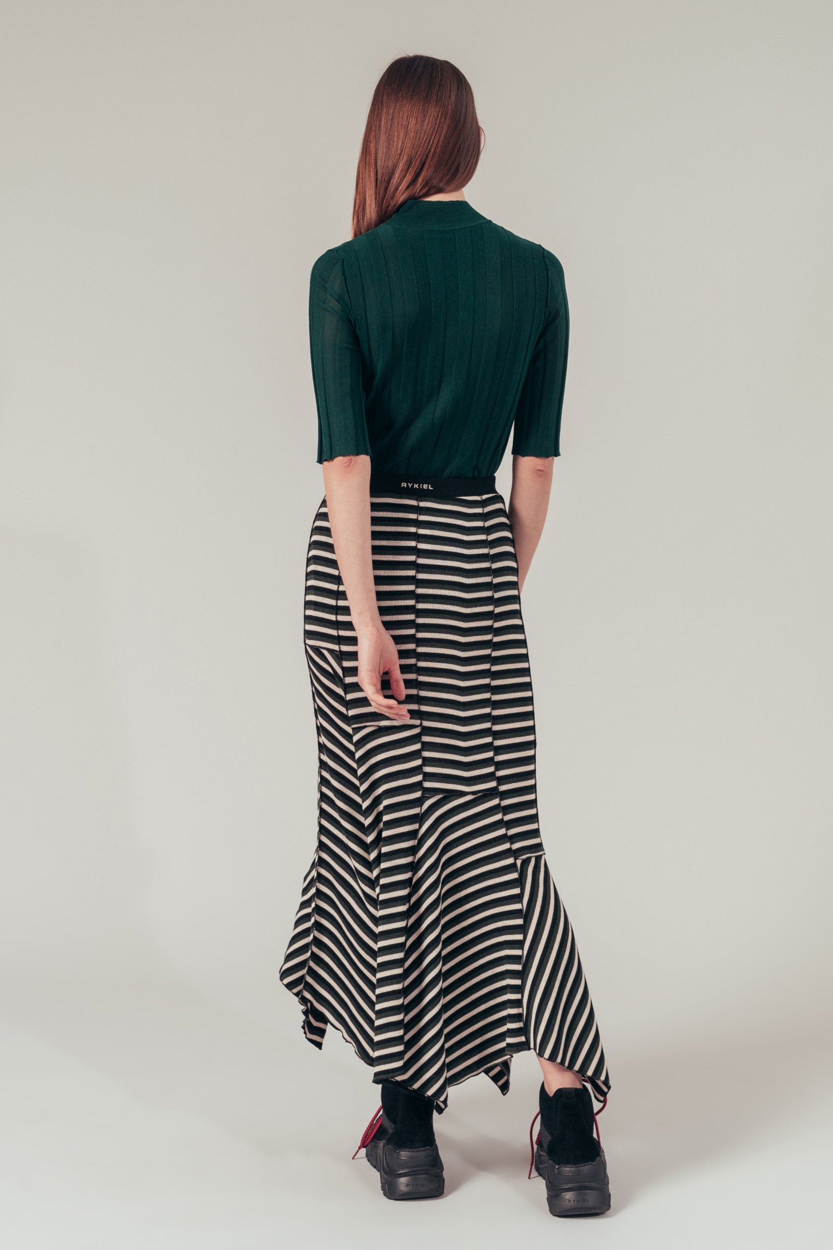 Jupe longue rayée à ourlet style féerique en laine - Vert