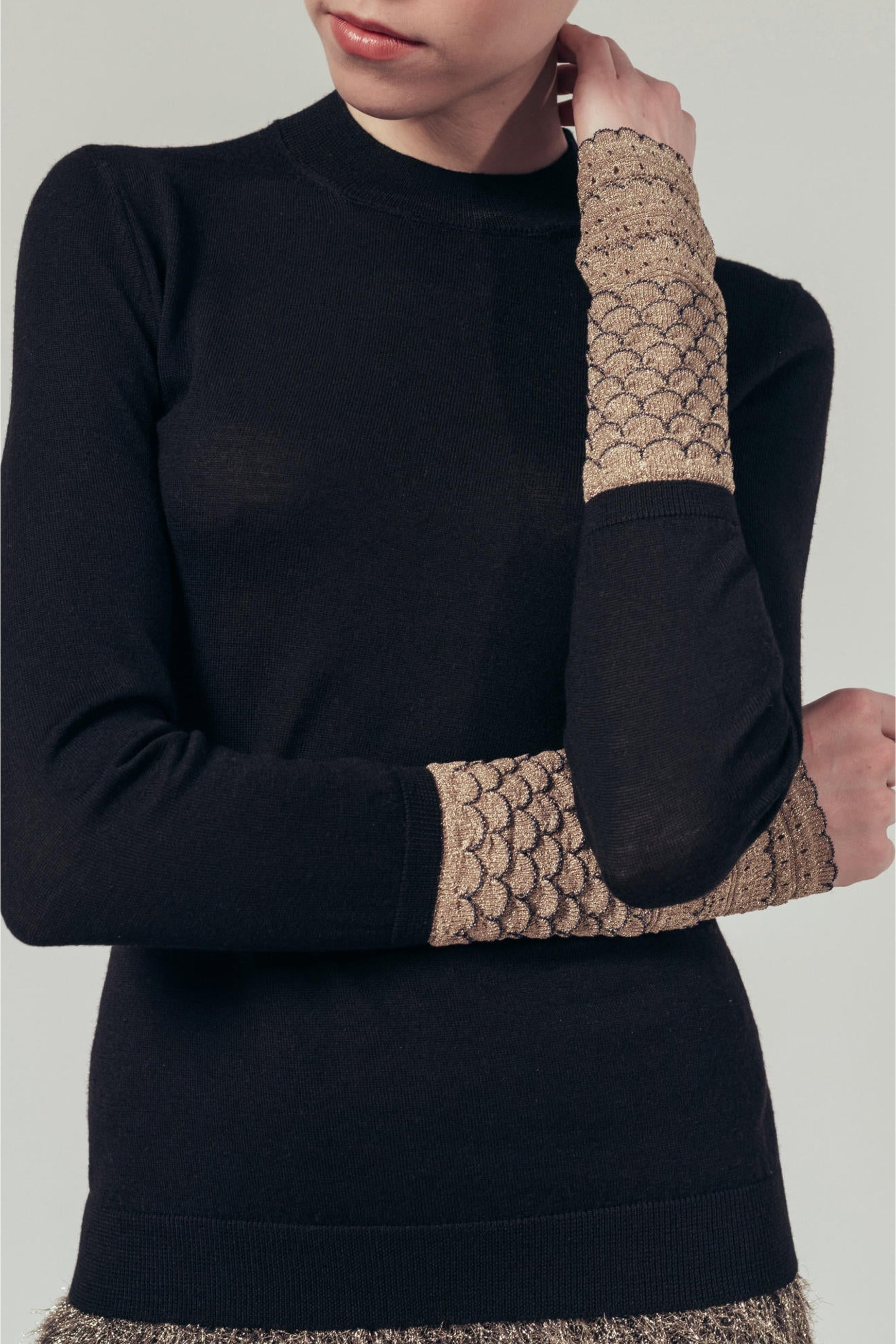 Pull à manches longues bi-matière en laine - Noir Intense