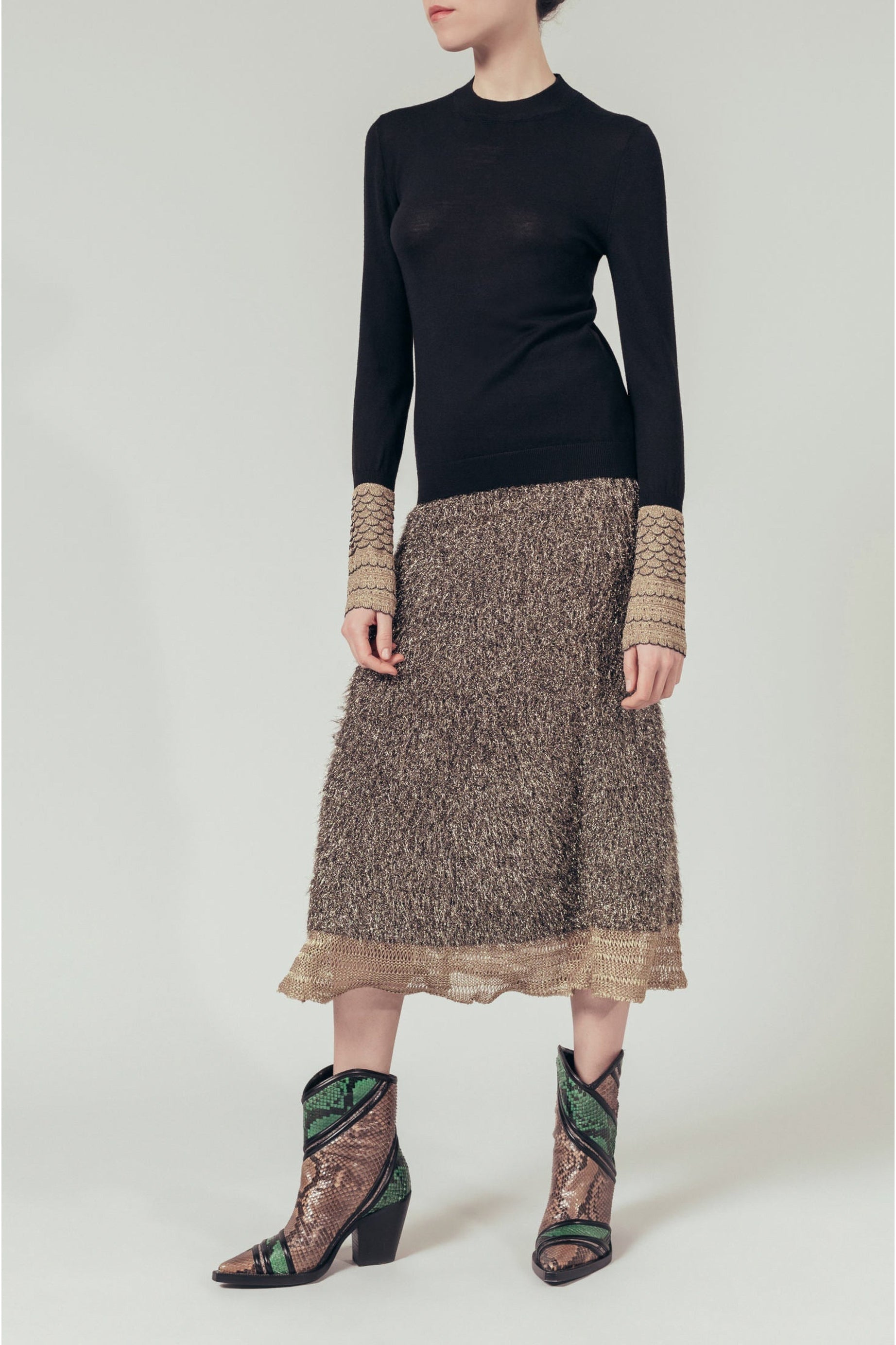 Pull à manches longues bi-matière en laine - Noir Intense