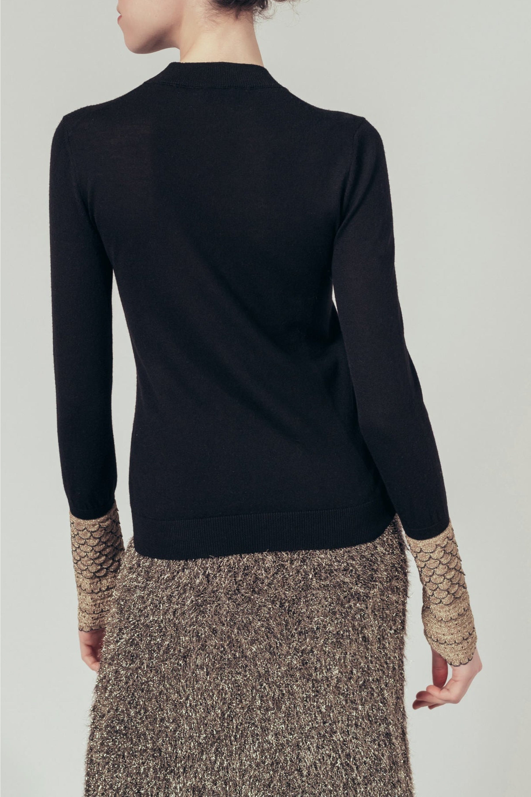 Pull à manches longues bi-matière en laine - Noir Intense