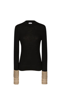 Pull à manches longues bi-matière en laine - Noir Intense