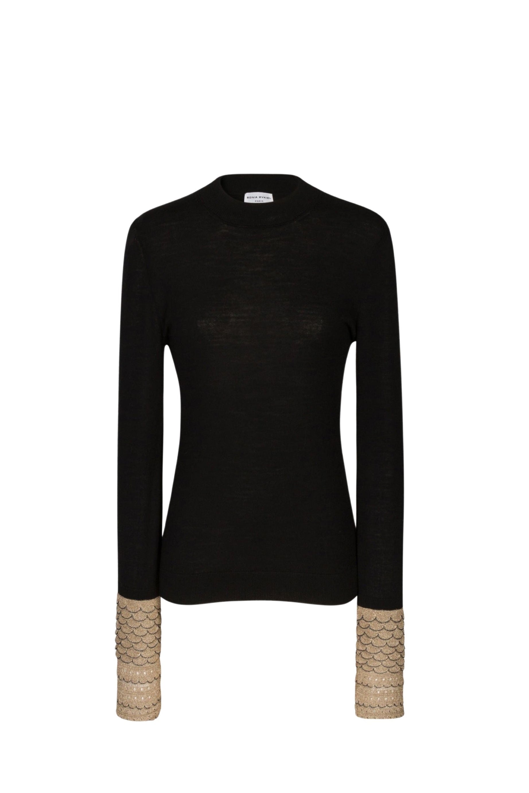 Pull à manches longues bi-matière en laine - Noir Intense