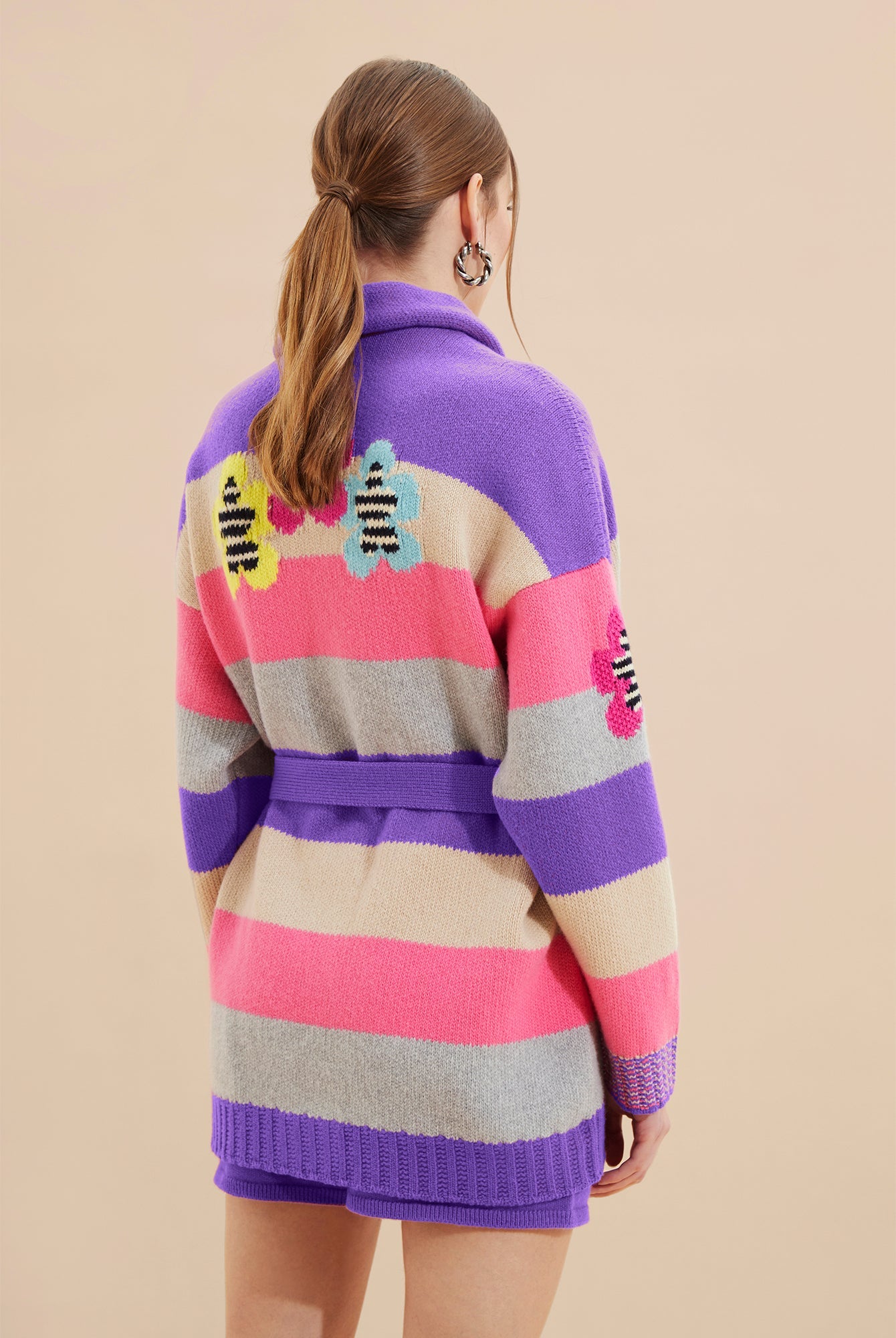 Cardigan ceinturé à rayures en laine - Lilas