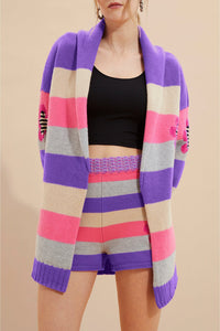 Cardigan ceinturé à rayures en laine - Lilas
