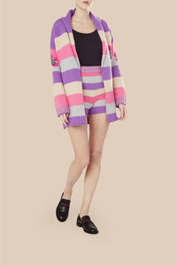 Cardigan ceinturé à rayures en laine - Lilas