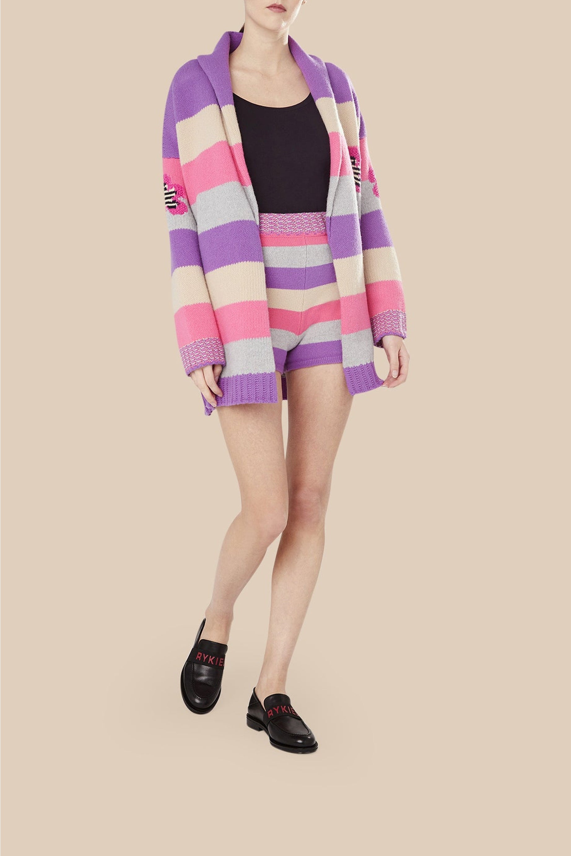 Cardigan ceinturé à rayures en laine - Lilas