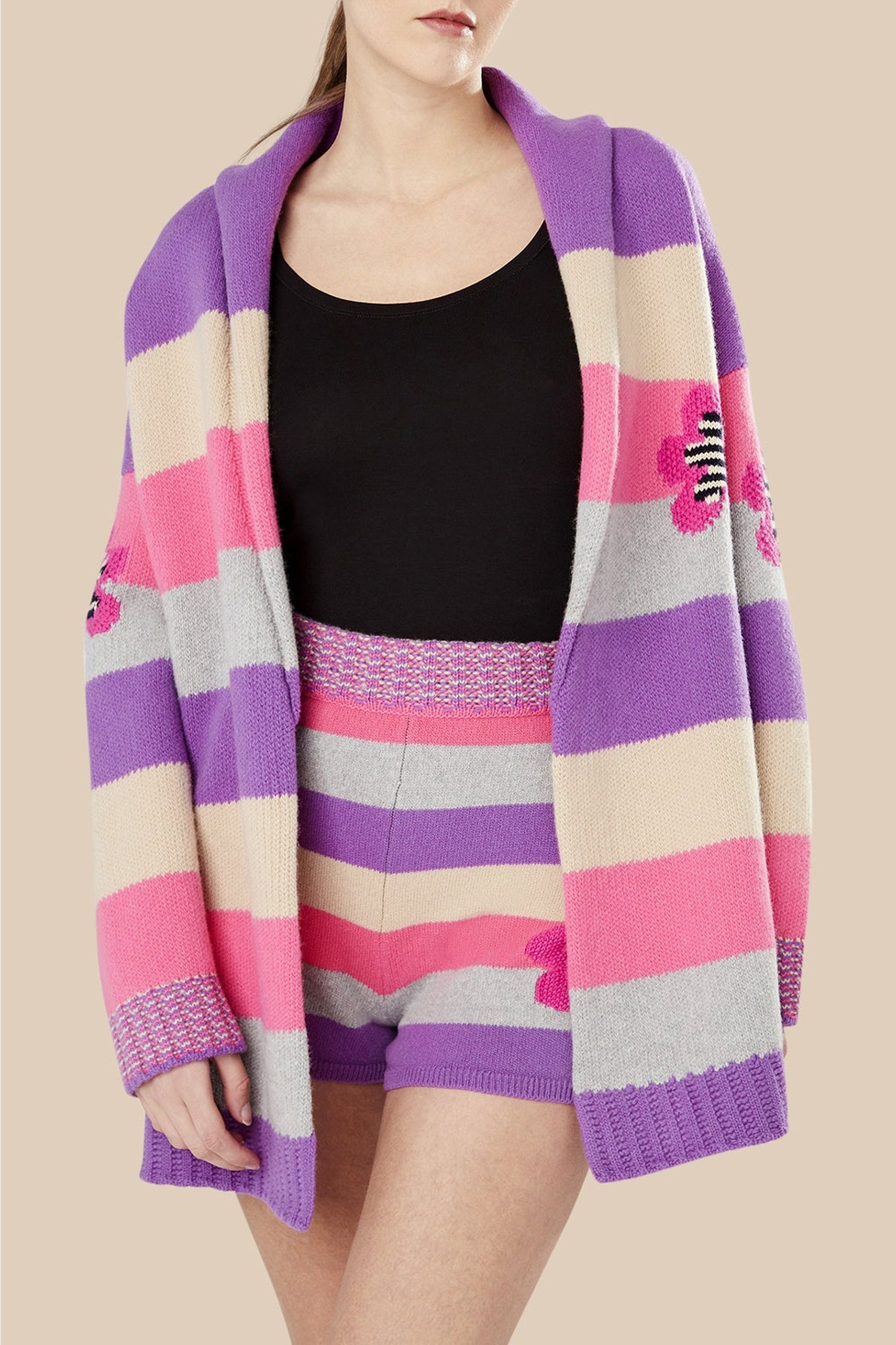 Cardigan ceinturé à rayures en laine - Lilas