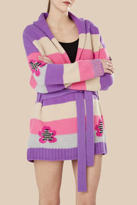 Cardigan ceinturé à rayures en laine - Lilas