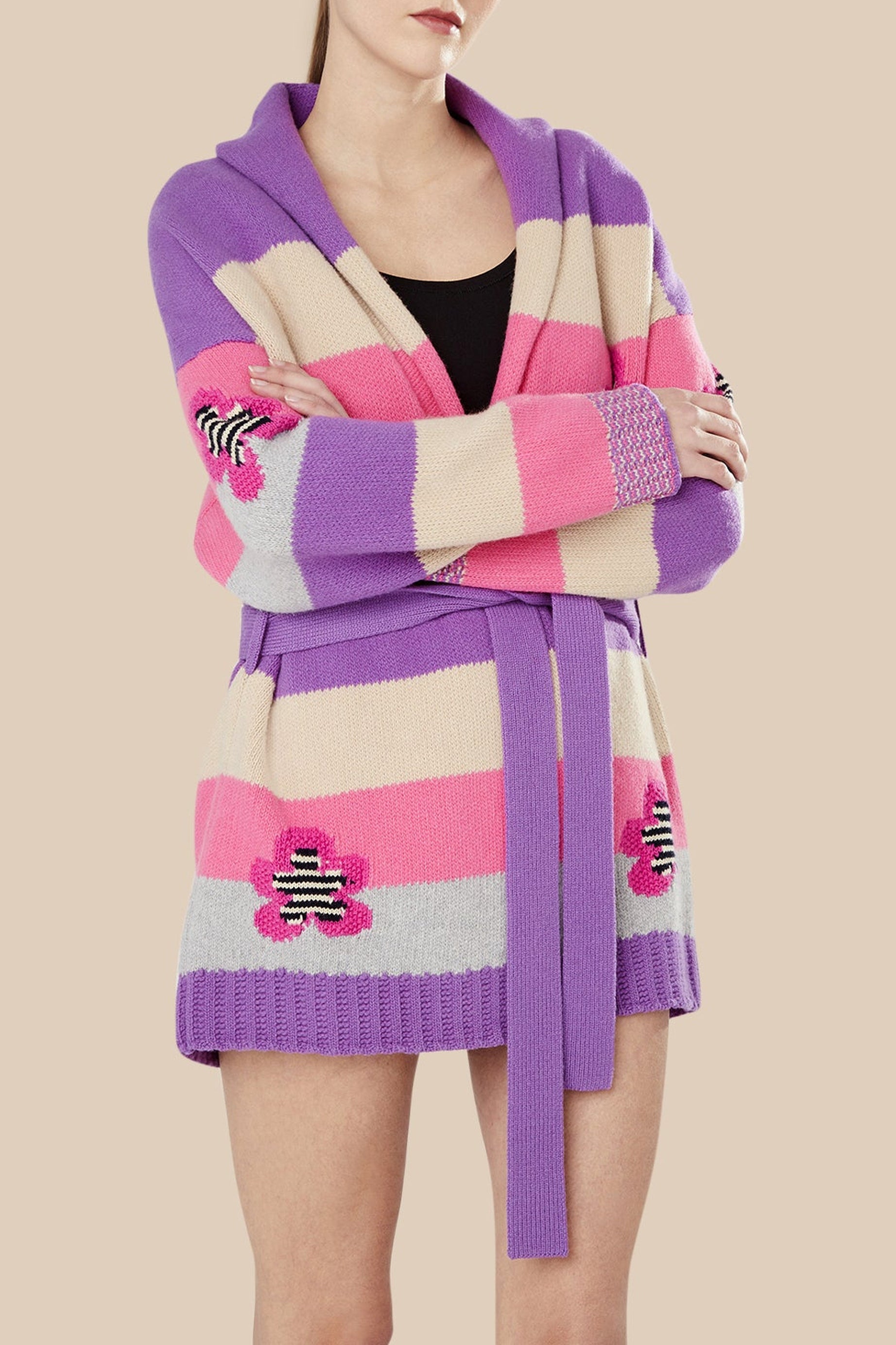 Cardigan ceinturé à rayures en laine - Lilas